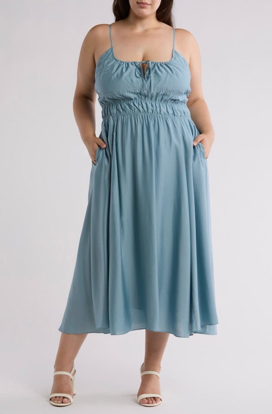 Joie Elena Tie Keyhole Silk Blend Midi Sundress in Citadel Blue Size 1X